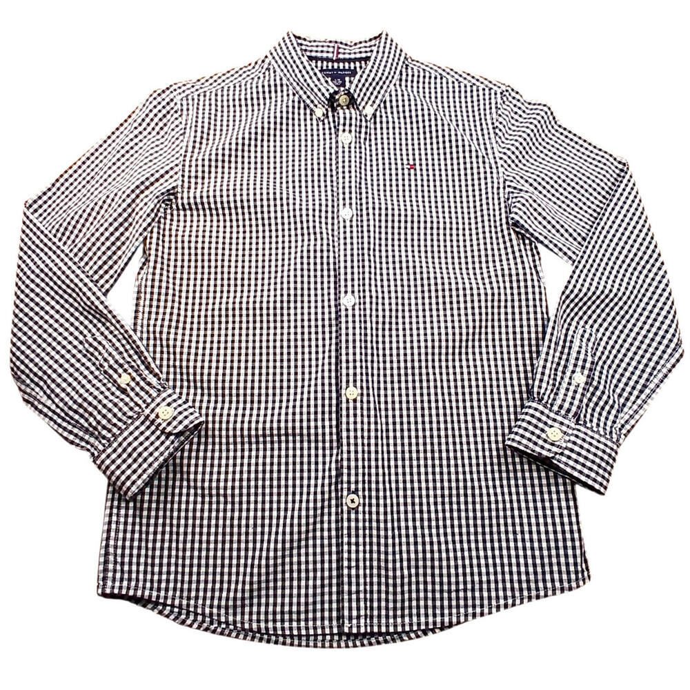 Tommy Hilfiger Boys Shirt L 12-14 Black White Gingham Button Down Cotton